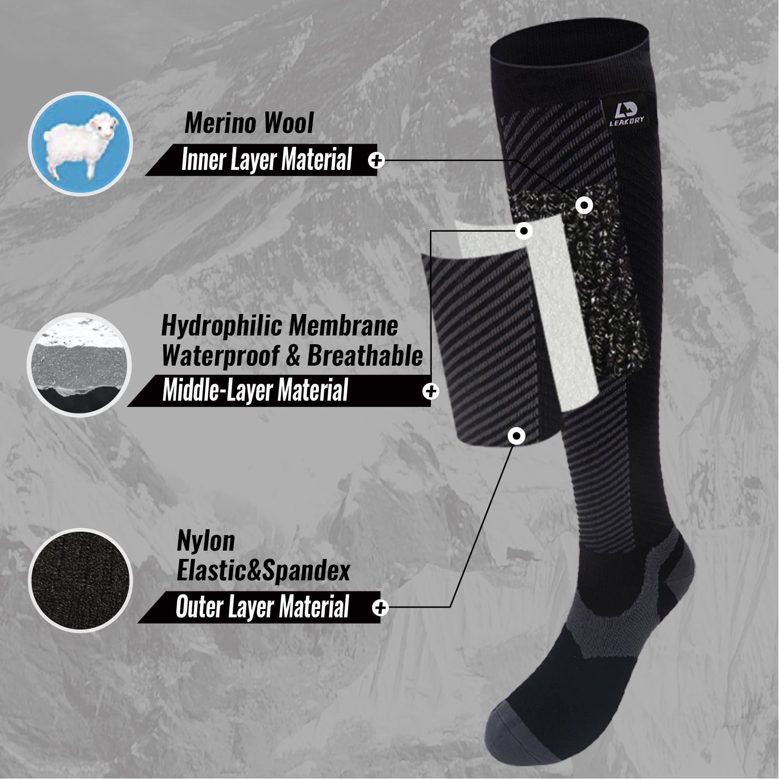 LEAKDRY Waterproof Breathable Socks Ultra Compression Knee High